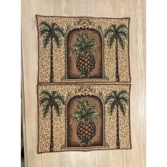 Set Of 2 Vintage Tapestry Placemats Pineapple Palm Tree Coconut Quality Boho 70s - Picture 3 of 6